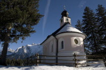 Kapelle am Lautersee. Small chapel near Lautersee lake above Mittenwald.Landscape Winter Mountains Bayern Deutschland European Religious Scenic Western Europe