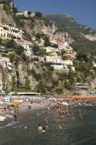 General view of Spiaggia Grande backed by Amalfi CoastHolidays Beaches Cliffs Architecture European Italia Italian Southern Europe Holidaymakers Resort Sand Sandy Scenic Seaside Shore Sunbather Touri...