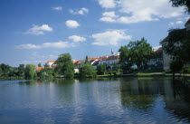 Czech Republic, South Moravia, Telc, View over ponds surrounding the town.