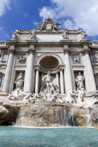 The 1762 Trevi Fountain by Nicola Salvi with a statue of the god Neptune in the middle European Italia Italian Roma Southern Europe Gray History Religion