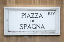 Street sign on a wall for Piazza di SpagnaEuropean Italia Italian Roma Southern Europe