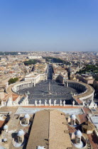 Vatican City View from the Dome of the Basilica of St peter across the Piazza San Pietro circled by Bernini colonnade towards Castel Sant Angelo and the River TiberEuropean Italia Italian Roma Southe...