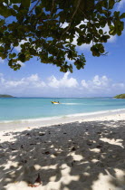 The calm clear blue water breaking on Paradise Beach in LEsterre Bay with Mabouya Island and Sandy Island on the horizon and people in a speedboat heading out to sea. A single tree gives shade on the...