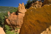 Colorado Provencal.  Cheminee de Fee or Fairy Chimneys.  Area of eroded ochre rock cliffs and pinnacles from viewpoint.Ochre Trail European French Western Europe