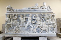 Capitoline Museum Palazzo Dei Conservatore A marble sarcophagus depicting the story of the heroine Atalanta at a boar hunt the only woman among the argonauts she is considered a feminist iconEuropean...