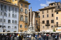 Tourists in the Piazza della Rotonda around the Rotonda Fountain and obeliskEuropean Italia Italian Roma Southern Europe Holidaymakers Tourism