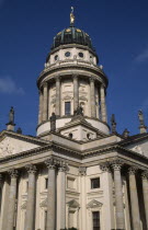 Franzosischer Dom in the Gendarmenmarkt  built by the Huguenot community 1701-1705.  Colonnaded exterior with domed tower and statues on roof. French CathedralCalvinistEighteenth Century 18th c. De...