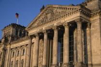 The Reichstag  seat of the German Parliament.  Part view of exterior designed by Paul Wallot 1884-1894.  To The German People inscribed above entrance in German.   neo-renaissanceBundestagDem Deuts...