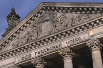 Reichstag  seat of the German Parliament.  Part view of exterior facade with inscription in German reading Dem Deutschen Volke - To The German PeopleBundestagNeo-renaissance Deutschland European Par...