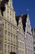 Stare Miasto.  Angled view of pastel coloured building facades in the Old Town Square.Colored Eastern Europe European Polish Polska Breslau