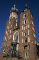 Mariacki Basilica or Church of St Mary.  Gothic  red brick exterior built in the fourteenth century. 14th c. Cracow Eastern Europe European Krakov Polish Polska Religion Religious History