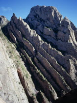 Near vertical strata of crumbling limestone rock along Rio Noguera Ribagorcana.European Scenic Southern Europe  Espainia Espana Espanha Espanya Hispanic Spanish Catalunya Catalonia