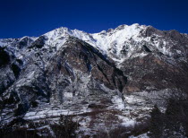 Snow covered mountain group including Tuca 2902 metres 9504 feet which is 2837 metres 9291 feet from the road towards ski village of Celer above town of BenasqueEuropean Scenic Southern Europe Espain...