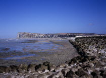 View north east along shoreline by the town Mers les Bains. Chalk cliffs beyond and tide out.On the border between Picardie and NormandyPicardyEuropean Scenic French Western Europe Beaches Northern...