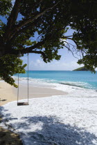 Empty swing hanging from a tree over the beach and breaking waves on Glossy Bay BeachBeaches Resort Sand Sandy Scenic Seaside Shore Tourism West Indies Caribbean Windward Islands Beaches Resort Sand...