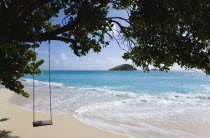 Empty swing hanging from a tree over the beach and breaking waves on Glossy Bay BeachBeaches Resort Sand Sandy Scenic Seaside Shore Tourism West Indies Caribbean Windward Islands Beaches Resort Sand...