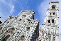 The Neo-Gothic marble west facade of the Cathedral of Santa Maria del Fiore the Duomo and the Giotto Campanile bell towerEuropean Italia Italian Southern Europe Toscana Tuscan Firenze History Religio...