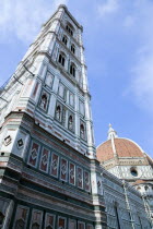 The Neo-Gothic marble south facade of the Cathedral of Santa Maria del Fiore the Duomo and the Giotto Campanile bell towerEuropean Italia Italian Southern Europe Toscana Tuscan Firenze History Religi...