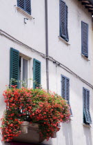 Val D Orcia Shuttered windows and a large window box display of red gerraniums European Italia Italian Southern Europe Toscana Tuscan