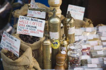 Rhodes Town.  Greek coffee beans and coffee grinders on sale on Odos Sokratous the main shopping street in old Ottoman area.  UNESCO World Heritage Site. Greek islandsDodecaneseRhodesRhodosRodiA...