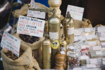 Rhodes Town.  Greek coffee beans and coffee grinders on sale on Odos Sokratous the main shopping street in old Ottoman area.  UNESCO World Heritage Site. Greek islandsDodecaneseRhodesRhodosRodiA...