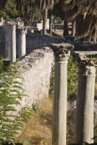 Remains of Corinthian columns and walls in Roman Agora ruins in Kos Town.Greek islandsDodecaneseKosHippocratesHippocraticAegeanMediterraneanEuroholidayCruiseportharboursummerseasonsuns...