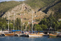 Olu Deniz.  Gulet and day trip pleasure boats moored at harbourside with steep hillside beyond part covered with trees.Turkish rivieraAegeancoastcoastalSt NicholasOludenizseashorecalmDestin...