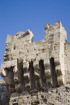 Rhodes Old Town.  Detail of fortified medieval walls of the Old Town against early Summer blue sky.  UNESCO World Heritage SiteAegeancoastcoastalformer Ottoman territorylocation for Guns of Navar...