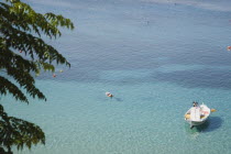 Lindos.  Looking down on shallow bay with moored boats  and tourist snorkling in high summer season with part view of tree branches in foreground.Greek IslandsAegeanRodicoast coastalseaswimbath...