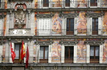 Plaza Mayor. Building facades and balconies.SpainSpanishEspanaIberiaMadridPalacePalacioRealRoyalArchitectureBlue SkyClouds Espainia Espanha Espanya European Hispanic Southern Europe White