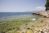 Pythagorio.  Tourists on outcrop of rock extending out into  clear water beside pebble beach with South West coast of island in distance behind.AegeanGreek IslandsPythagorionSummerseacoast coast...