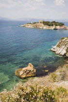 Kusadasi.  View towards Pigeon Island or Guverin Ada from Kusadasi clifftop in early Summer season.AegeanCoast CoastalSeaHolidayResort Destination Destinations European Middle East Salt Water Wav...