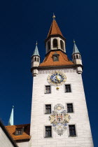 Germany, Bavaria, Munich, Marienplatz, Altes Rathaus, Old Town Hall clock tower.