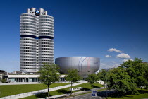 Germany, Bavaria, Munich, BMW Headquarters, The BMW Tower is 101 metres tall and mimics the shape of tyres.