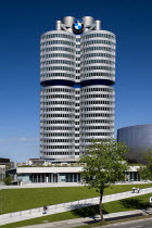 Germany, Bavaria, Munich, BMW Headquarters, The BMW Tower is 101 metres tall and mimics the shape of tyres.