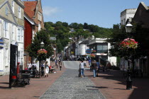 England, East Sussex, Lewes, Cliffe High Street, Shoppers on pedestrianised area approaching the bridge.