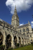 England, Wiltshire, Salisbury, Cathedral, Cloisters and Spire. Tallest church spire in England.