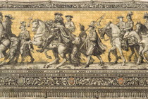 GERMANY, Saxony, Dresden, Frstenzug or Procession of the Dukes in Auguststrasse a mural on 25,000 Meissen tiles that depicts 35 noblemen from the 12th century Konrad the Great, to Friedrich August II...