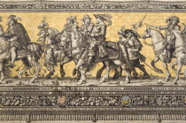 GERMANY, Saxony, Dresden, Frstenzug or Procession of the Dukes in Auguststrasse a mural on 25,000 Meissen tiles that depicts 35 noblemen from the 12th century Konrad the Great, to Friedrich August II...