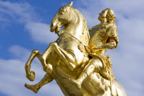 GERMANY, Saxony, Dresden, The 1734 gilded statue by Ludwig Wiedemann known as Goldener Reiter an equestrian statue of the Saxon Elector and Polish king August the Strong in Neustdter market square.