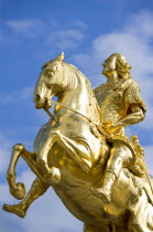 GERMANY, Saxony, Dresden, The 1734 gilded statue by Ludwig Wiedemann known as Goldener Reiter an equestrian statue of the Saxon Elector and Polish king August the Strong in Neustdter market square.