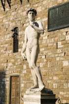 ITALY, Tuscany, Florence, Replica of Renaissance statue of David by Michelangelo in the Piazza della Signoria beside the Palazzo Vecchio.