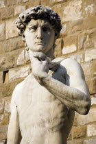 ITALY, Tuscany, Florence, Replica of Renaissance statue of David by Michelangelo in the Piazza della Signoria beside the Palazzo Vecchio.