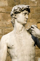 ITALY, Tuscany, Florence, Replica of Renaissance statue of David by Michelangelo in the Piazza della Signoria beside the Palazzo Vecchio.