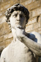 Italy, Tuscany, Florence, Replica of Renaissance statue of David by Michelangelo in the Piazza della Signoria beside the Palazzo Vecchio.