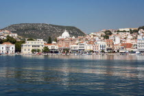 GREECE, North East Aegean, Lesvos Island, Mitilini, harbour with the sea at the foreground and blue sky.