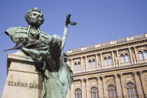 Hungary, Pest County, Budapest, bronze portrait bust of Szarvas Gabor in front of the Hungarian Academy of Sciences.