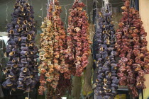 Greece, Attica, Athens, Chili peppers, Capsicum annuum cultivars, hung up to dry.