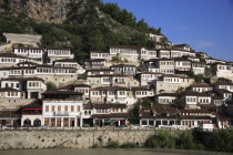 Albania, Berat, houses built on hillside on the banks of the River Osum.