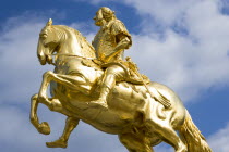 GERMANY, Saxony, Dresden, The 1734 gilded statue by Ludwig Wiedemann known as Goldener Reiter an equestrian statue of the Saxon Elector and Polish king August the Strong in Neustadter market.